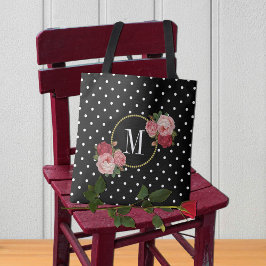 Bolso De Tela Cute Black Vintage Flowers Polka Dots Monogram