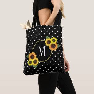 Bolso De Tela Cute Black Vintage Sunflowers Polka Dots Monograma
