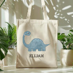 Bolso De Tela Cute Blue Gray Dinosaur Personalized Kids<br><div class="desc">This kids' tote bag features a cute illustration of a grayish blue dinosaur. Personalize it with your child's name in black letters. Makes a great book bag!</div>