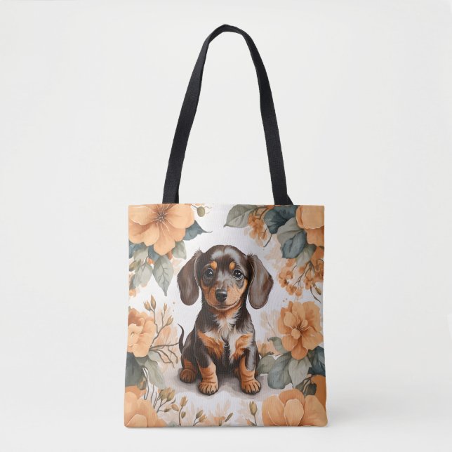 Bolso De Tela Cute Brown Dachshund Puppy Peach Floral (Anverso)