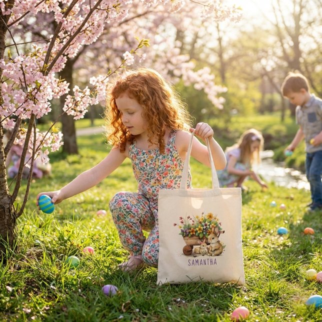 Bolso De Tela Cute Bunnies Nombre Personalizado Chica Pascua (Cute Bunnies Custom Name Girl Easter Tote Bag)