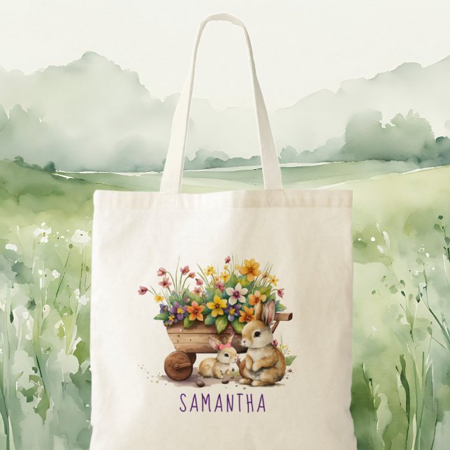Bolso De Tela Cute Bunnies Nombre Personalizado Chica Pascua (Cute Bunnies Custom Name Girl Easter Tote Bag)