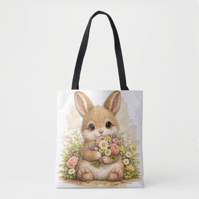 Bolso De Tela Cute Bunny Tote Bag – Kawaii Floral Animal (Anverso)