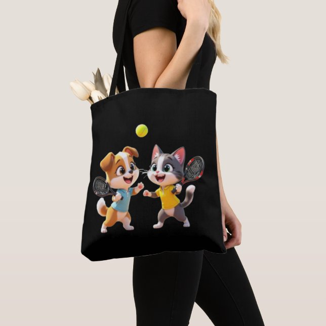 Bolso De Tela Cute Cartoon Dog and Cat Playing Padel Tennis – Fu (Detalle)