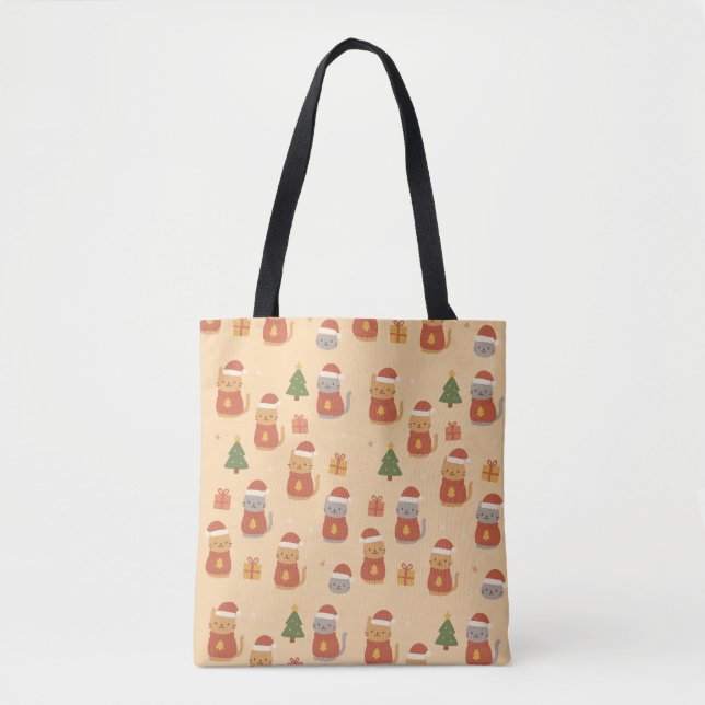 Bolso De Tela Cute Christmas Cat Pattern – Kawaii Festive Cats & (Anverso)