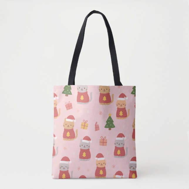 Bolso De Tela Cute Christmas Cats Pattern – Pink Holiday Design (Anverso)