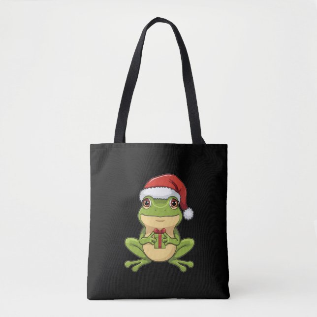 Bolso De Tela Cute Christmas Frog with Santa Hat Holding  Gift - (Anverso)