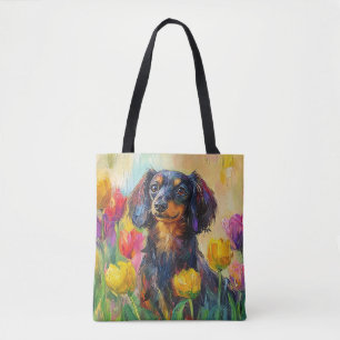 Bolso De Tela Cute Dachshund Colorful Tulips Pintura