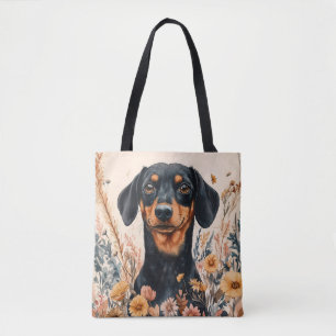 Bolso De Tela Cute Dachshund con pintura de flores silvestres