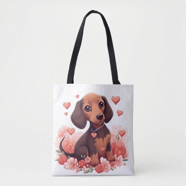 Bolso De Tela Cute Dachshund Cuppy con Corazones (Anverso)
