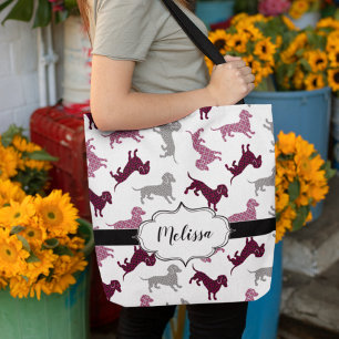 Bolso De Tela Cute Damask Dachshunds Nombre personalizado