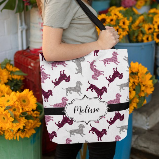 Bolso De Tela Cute Damask Dachshunds Nombre personalizado (Subido por el creador)