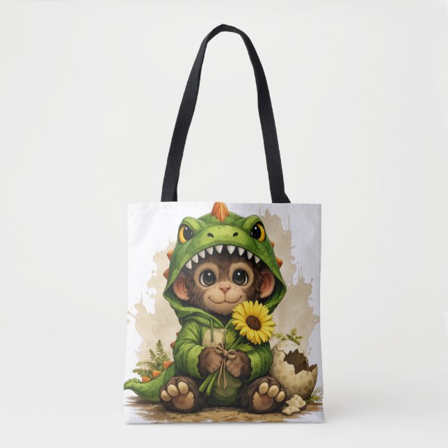 Bolso De Tela Cute Dino Monkey Tote Bag – Kawaii Animal Gift (Anverso)