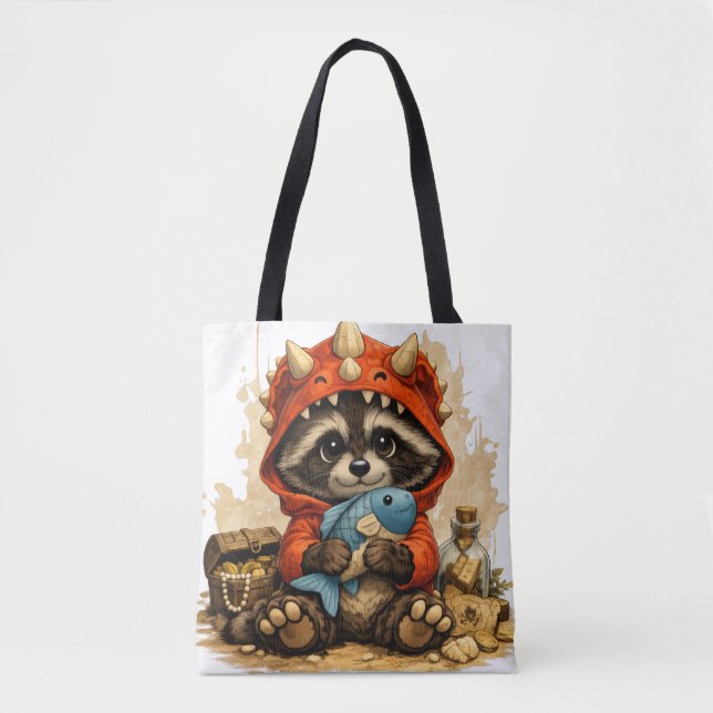 Bolso De Tela Cute Dino Raccoon Tote Bag – Kawaii Animal (Anverso)
