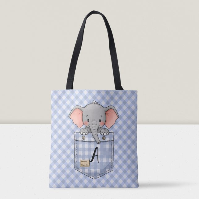 Bolso De Tela Cute Elephant Peeking desde Gingham Pocket (Subido por el creador)