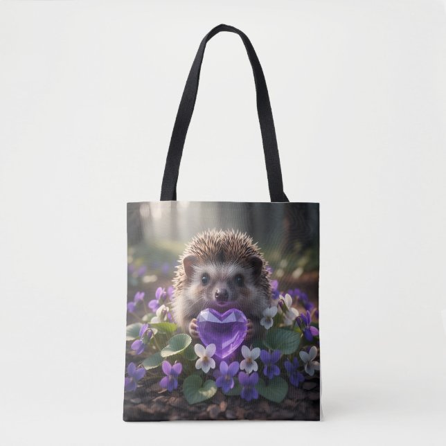 Bolso De Tela Cute February Hedgehog with Amethyst Heart (Anverso)