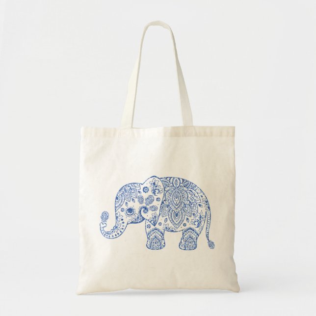 Bolso De Tela Cute Floral Paisley Elefante Purpurina Azul Textur (Frente)