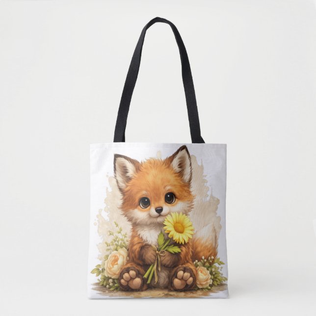 Bolso De Tela Cute Fox Tote Bag – Kawaii Animal Floral Gift (Anverso)