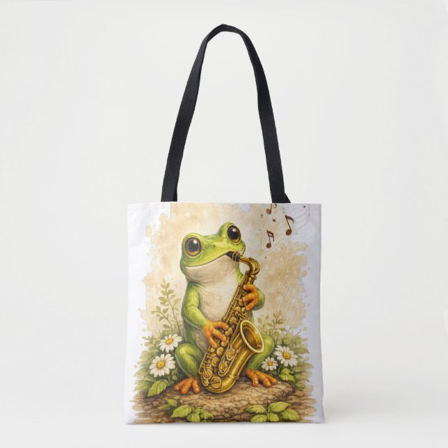 Bolso De Tela Cute Frog Saxophone Tote Bag Kawaii Music (Anverso)