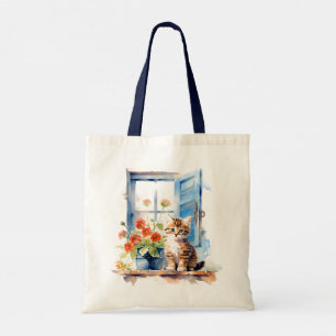 Bolso De Tela Cute Gatito En La Ventana Flores Arte De Acuarela
