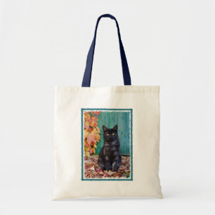 Bolso De Tela Cute gato negro gracioso gatito rojo hojas puerta 