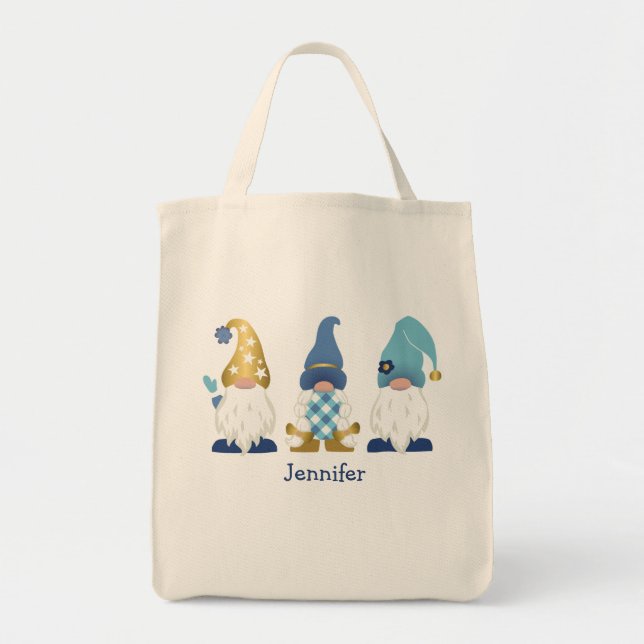Bolso De Tela Cute Gnomes Gold Blue Gingham (Frente)