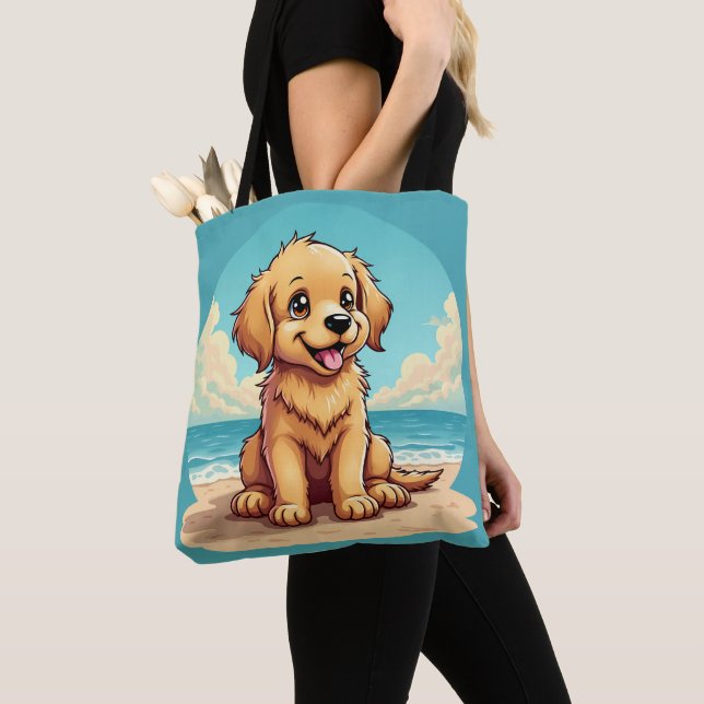 Bolso De Tela Cute Golden Puppy at Sunny Beach Scene (Detalle)