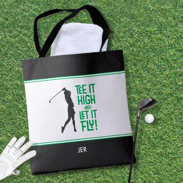 Bolso De Tela Cute Golfer Golf Humor Funny Blanco Negro Moderno (Cute Golfer Golf Humor Funny Modern Black, Green & White Tote Bag For Her)