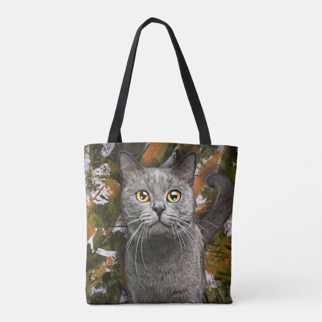 Bolso De Tela Cute Gray British Shorthair Cat Retrato Pintura (Reverso)