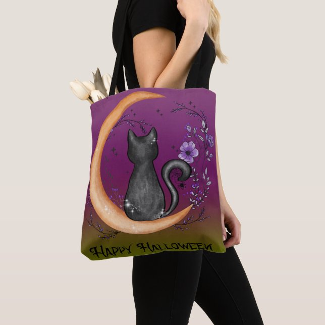 BOLSO DE TELA CUTE HALLOWEEN GATOS NEGROS CON LIBROS DE LUNA (Detalle)