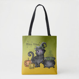 BOLSO DE TELA CUTE HALLOWEEN KITTEN NEGRO CON CAULDRON
