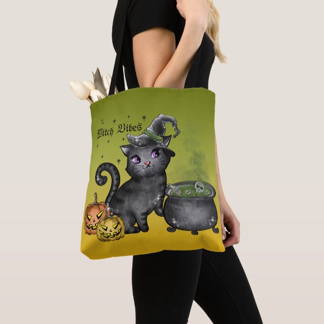 BOLSO DE TELA CUTE HALLOWEEN KITTEN NEGRO CON CAULDRON (Detalle)