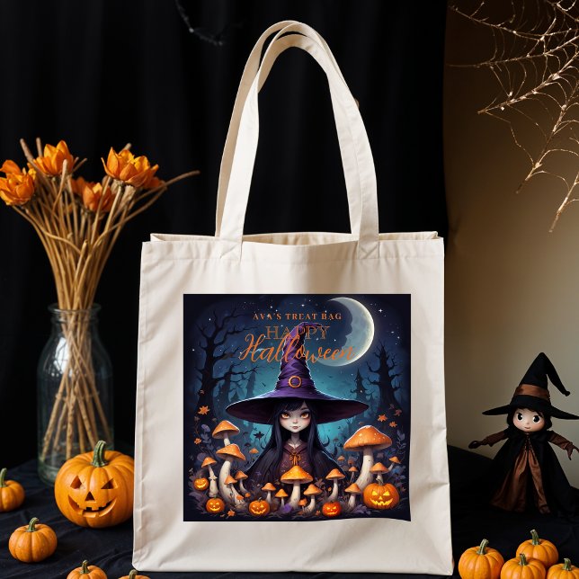 Bolso De Tela Cute Halloween Witch in Spooky Scene with Pumpkins (Funny Little Halloween Witch in Eerie Landscape with Pumpkins & Magical Mushrooms with Name's TreaT.)