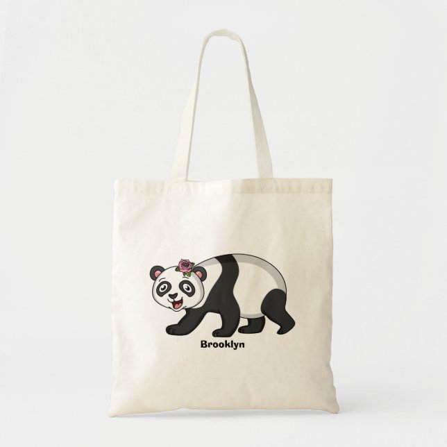Bolso De Tela Cute happy panda bear with flower cartoon (Frente)
