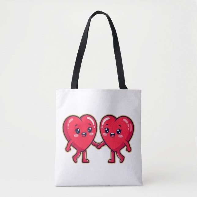 Bolso De Tela Cute Heart Characters Holding Hands (Anverso)