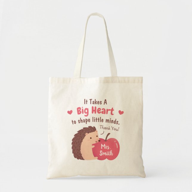 Bolso De Tela Cute Hedgehog y Apple Teacher Apreciation Quote (Frente)