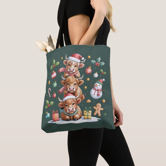 Bolso De Tela Cute Highland Vaca Árboles navideños Cacao calient (Detalle)