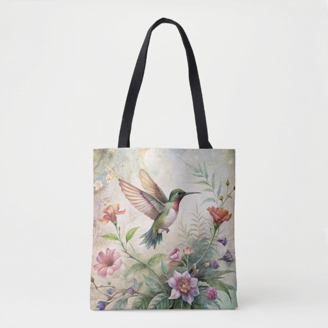 Bolso De Tela Cute Hummingbird on Flowers (Anverso)