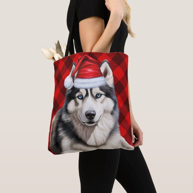 Bolso De Tela Cute Husky Christmas Dog Red Buffalo Plaid (Detalle)