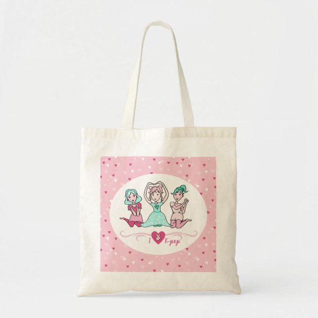 Bolso De Tela Cute I Love K-pop Girls Teal Pink Heart (Frente)