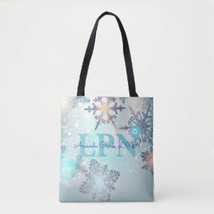 Bolso De Tela Cute Ice Blue Snowflake Nombre Personalizado LPN