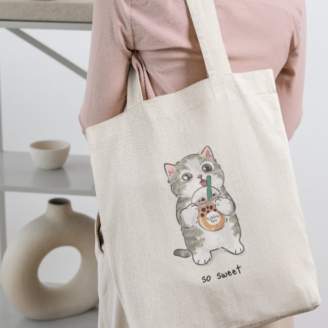 Bolso De Tela Cute Kawaii gato Beber Boba Tea (cute cat)
