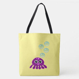 Bolso De Tela Cute Kawaii Purple Jellyfish con burbujas azules