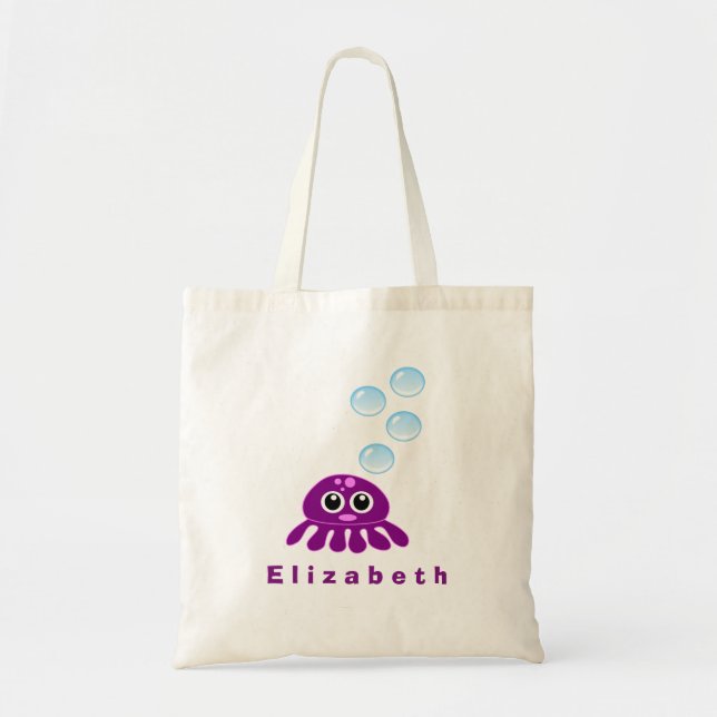 Bolso De Tela Cute Kawaii Purple Jellyfish con burbujas azules (Frente)