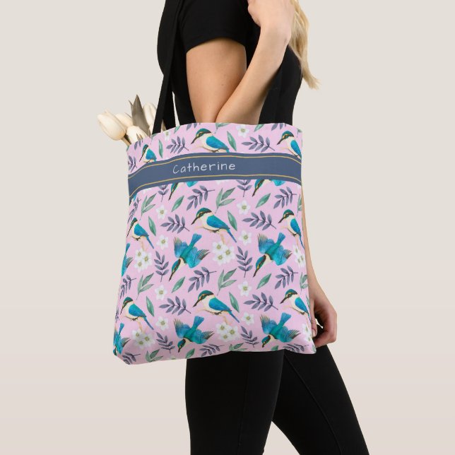 Bolso De Tela Cute Kingfisher pájaros Patrón floral Nombre rosa (Detalle)