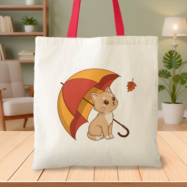 Bolso De Tela Cute Kitten Cat Red Yellow Umbrella Fall (Subido por el creador)