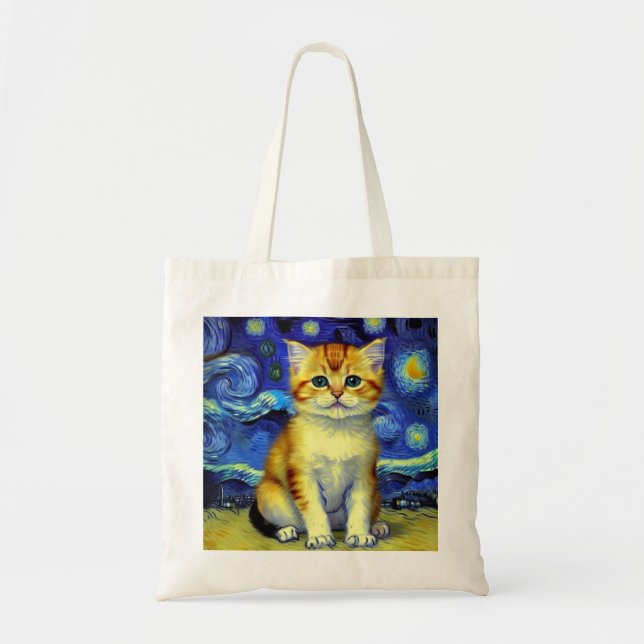 Bolso De Tela Cute Kitten Starry Night Van Gogh (Frente)