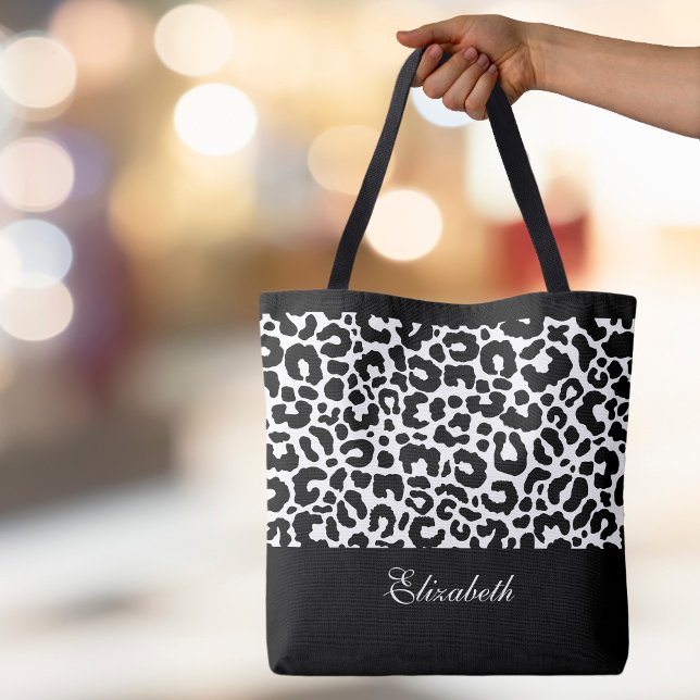 Bolso De Tela Cute Leopardo Animal Pattern Name Black White Moda (Cute Leopard Animal Pattern Custom Stylish Calligraphy Black & White Chic Canvas Shopping Tote Bag)