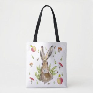 Bolso De Tela Cute liebre con fondo de manzanas y champiñones