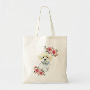Bolso De Tela Cute Maltese Puppy Dog with Flowers Watercolor